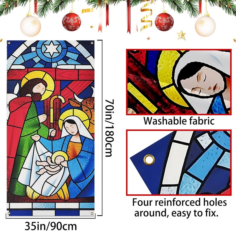 Zeptrix Christmas Door Cover Decorations,Jesus Nativity Scene Christmas Fabric Door Decoration Porch Sign Holy Night Outdoor Religious Front Door Banner Winter Holiday New Year Xmas Office Home Party Supplies - Image 2